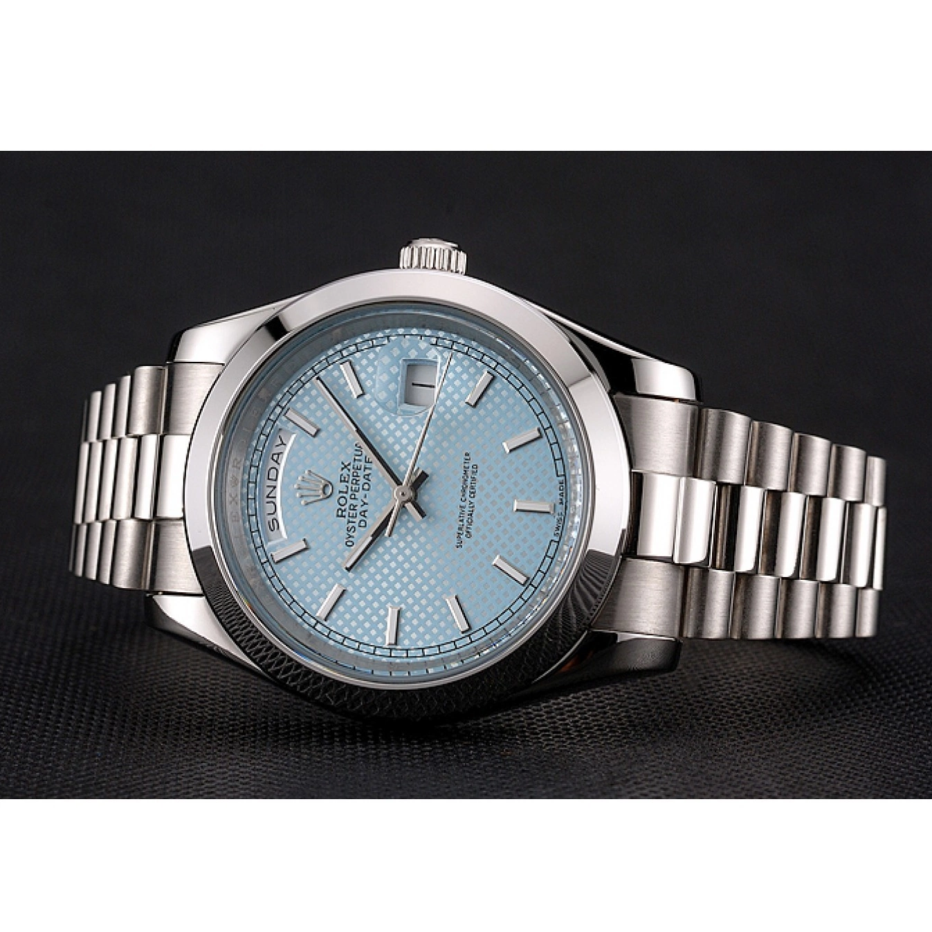 Aaa replica watch Ice Stainless Rolex Case And Steel Day Dial Date Bracelet 40 Blue 0701